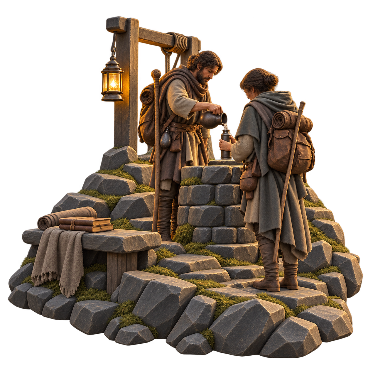 Two travelers sharing water at a stone well, rendered as a matte sculpture.